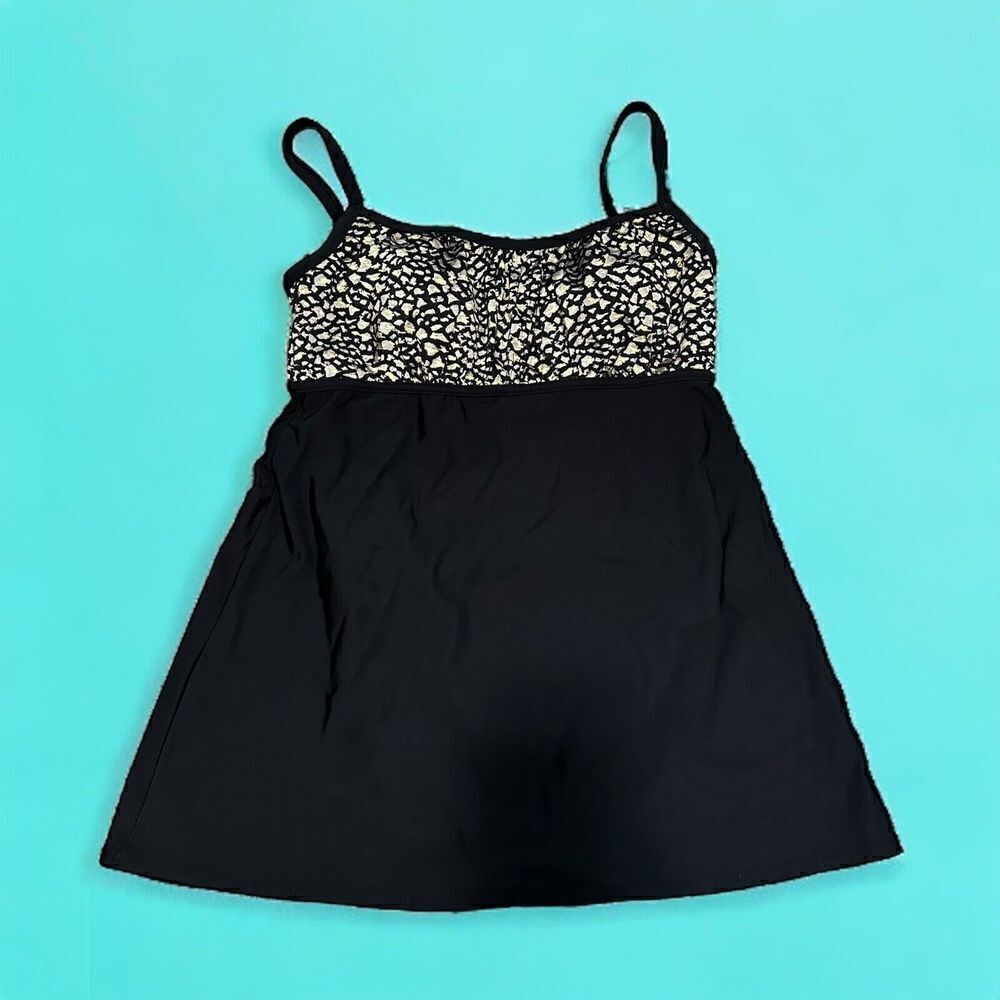 Vintage Mainstream One‎ piece Black Gold Leopard Swimsuit Dress lined Size 10